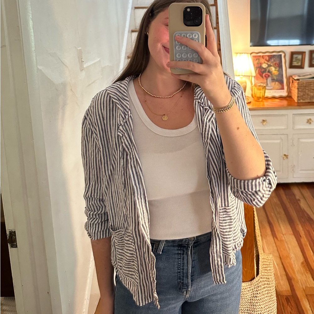 Tahari Navy and White Striped Linen Shirt